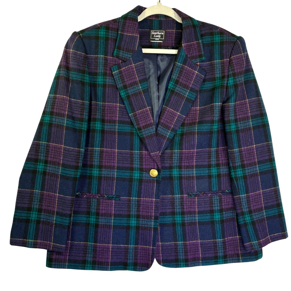 Southern Lady Petite Plaid Blazer Purple Green Gold Button Academic Jacket